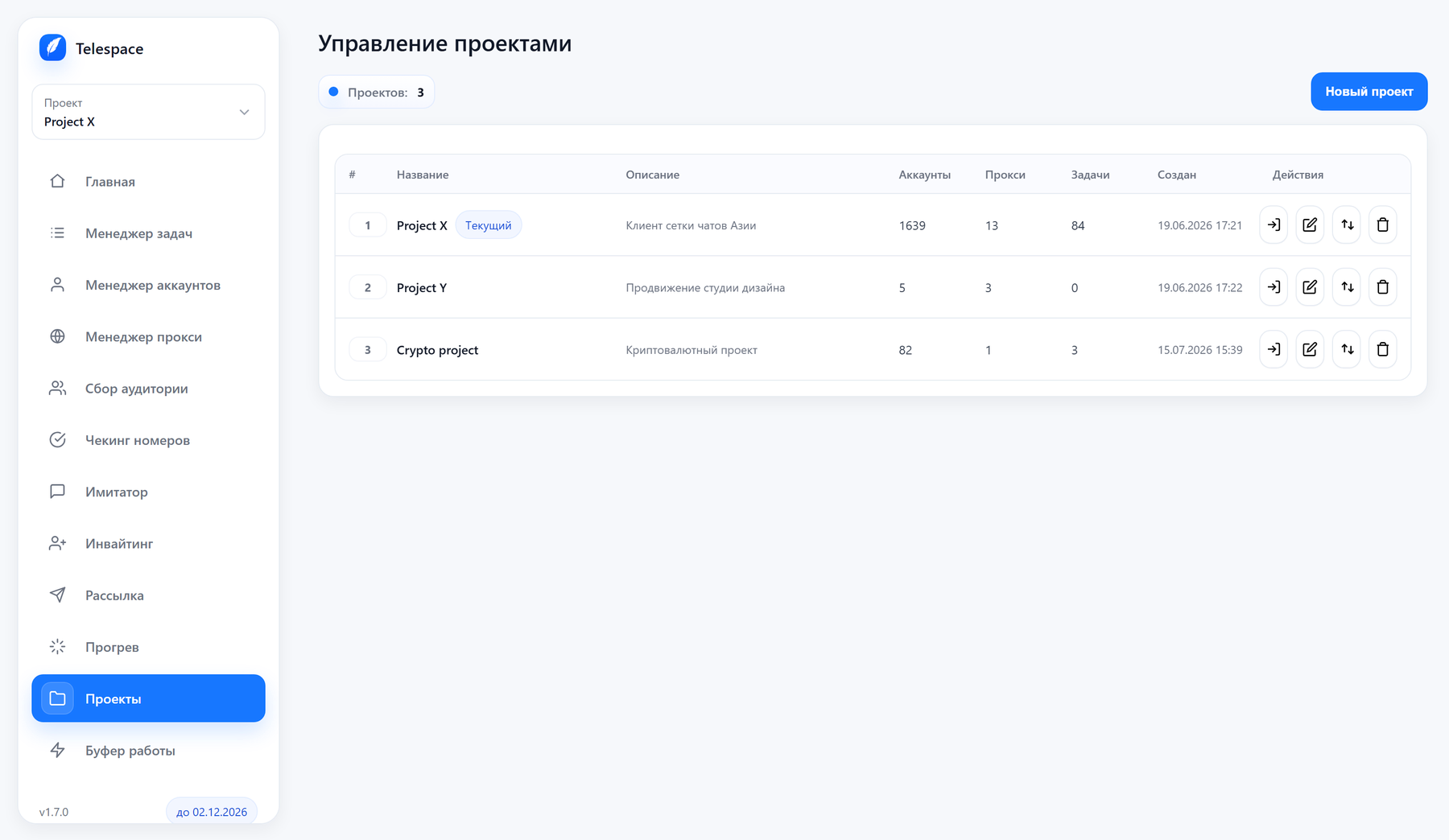 Управление проектами в TeleSpace: три проекта - Project X, Project Y и Crypto project, у каждого своё число аккаунтов, прокси и задач; данные проектов не пересекаются